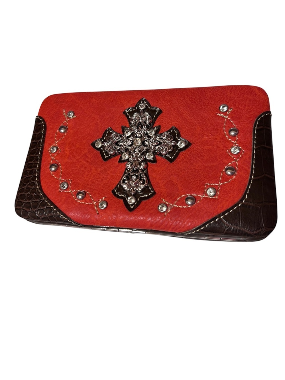 NWT Heritage West Western Rhinestone Cross Wallet Red BrownCroc Embossed Bling